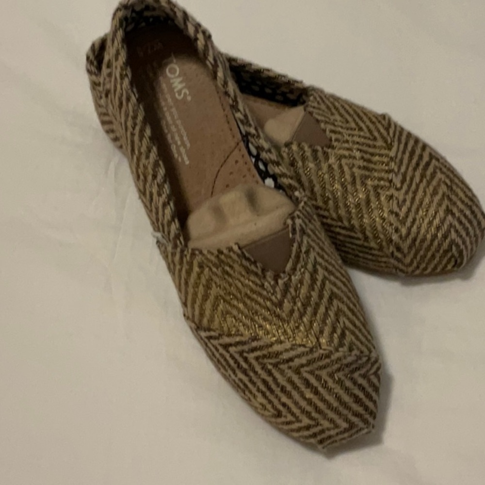TOMS Gold and Tan Woven Flats